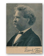Mark Twain met handtekening. Ingeplakte afbeelding tegenover de titelpagina. Foto van Alfred Ellis & Walery