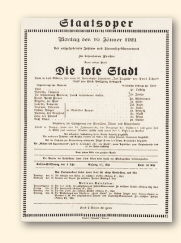 Aankondiging van een uitvoering van 'Die Tote Stadt', enkele weken na de première