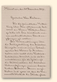 Eerste vel van een eigenhandige, Duitse brief van Henrik Ibsen, gedateerd 20 december 1890, vanuit München geschreven aan zijn uitgever Reclam