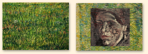 'Graslland' (1887) van Vincent van Gogh. Rechts is de onderschildering te zien
