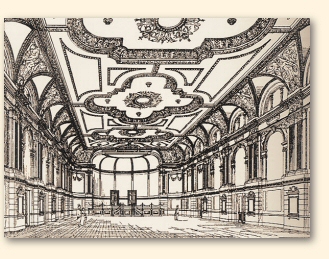 Tekening van de grote zaal van het gebouw De Harmonie in de binnenstad van Groningen
