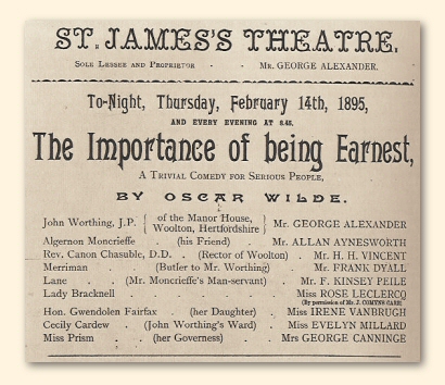 Aankondiging van de première van The Importance of Being Earnest in het Londense St. James’s Theatre op 14 februari 1895 en daarna “every evening at 8:45?