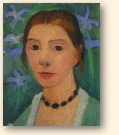 Paula Modersohn-Becker: zelfportret op groene achtergrond met blauwe iris