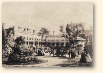 Tuin van het Harmonie-complex in 1858. Links de oude zaal met veranda, rechts de muziektent. Tekening van A.J. van Prooijen