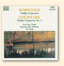 Voorzijde van het CD-boekje van de NAXOS-opname van Korngolds Vioolconcert, in combinatie met het concert van Karl Goldmark
